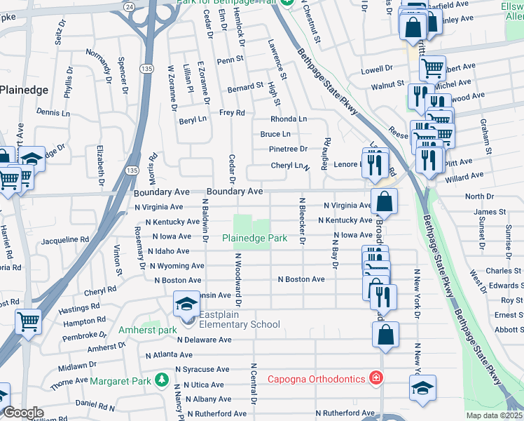 map of restaurants, bars, coffee shops, grocery stores, and more near 447 North Central Drive in Massapequa