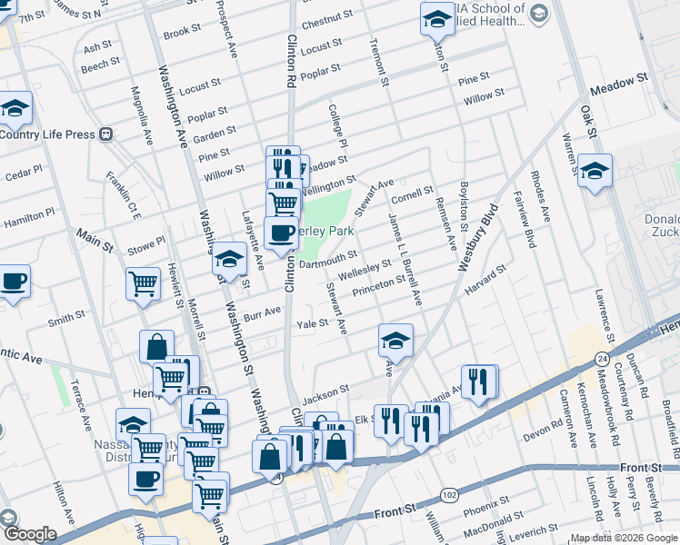 map of restaurants, bars, coffee shops, grocery stores, and more near 80 Stewart Avenue in Hempstead
