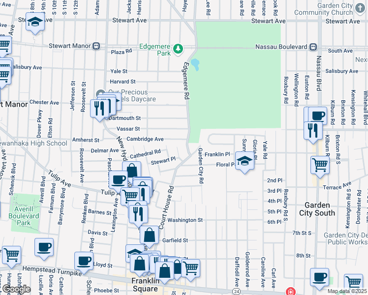 map of restaurants, bars, coffee shops, grocery stores, and more near 283 Plain Court in Franklin Square