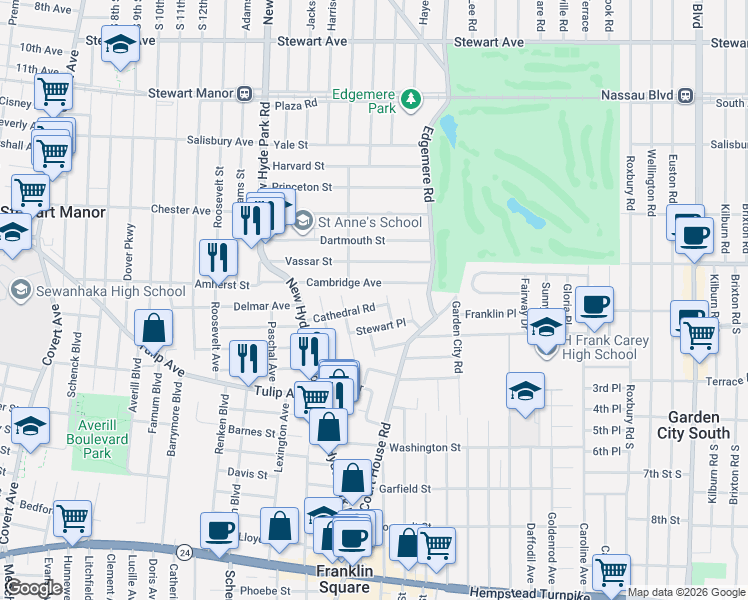 map of restaurants, bars, coffee shops, grocery stores, and more near 286 Regent Place in Franklin Square