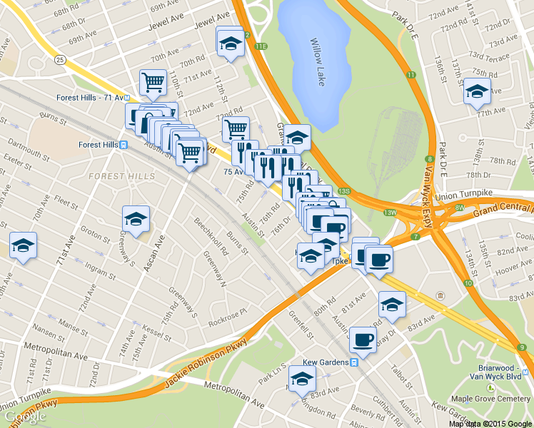 map of restaurants, bars, coffee shops, grocery stores, and more near 111-20 76th Road in Queens