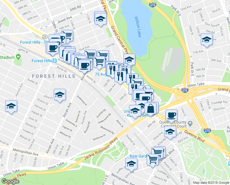 map of restaurants, bars, coffee shops, grocery stores, and more near 111-20 76th Road in Queens