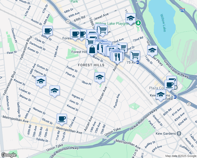 map of restaurants, bars, coffee shops, grocery stores, and more near 2 Russell Place in Queens