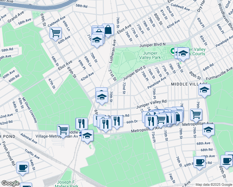 map of restaurants, bars, coffee shops, grocery stores, and more near 6405 71st Street in Queens
