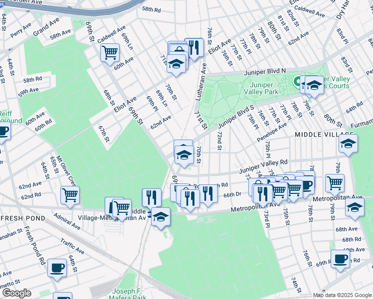 map of restaurants, bars, coffee shops, grocery stores, and more near 64-04 70th Street in Queens