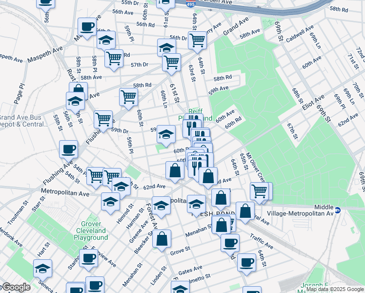 map of restaurants, bars, coffee shops, grocery stores, and more near 60-64 60th Road in Queens