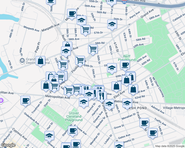 map of restaurants, bars, coffee shops, grocery stores, and more near 60-20 59th Place in Queens