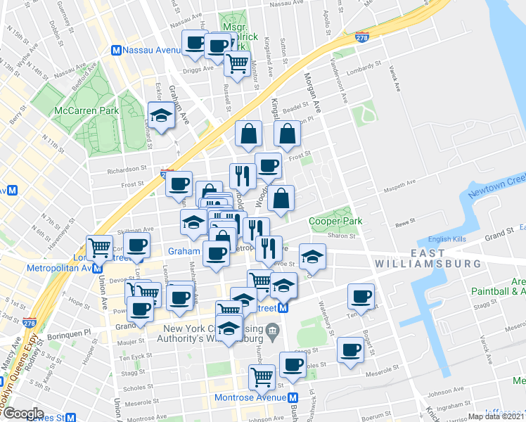 map of restaurants, bars, coffee shops, grocery stores, and more near 240A Skillman Avenue in Brooklyn