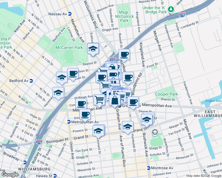map of restaurants, bars, coffee shops, grocery stores, and more near 141 Skillman Avenue in Brooklyn