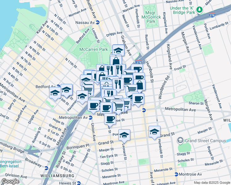 map of restaurants, bars, coffee shops, grocery stores, and more near 76 Jackson Street in Brooklyn