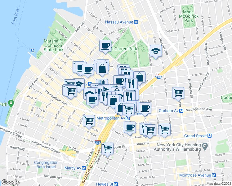 map of restaurants, bars, coffee shops, grocery stores, and more near 21-1 Havemeyer Street in Brooklyn