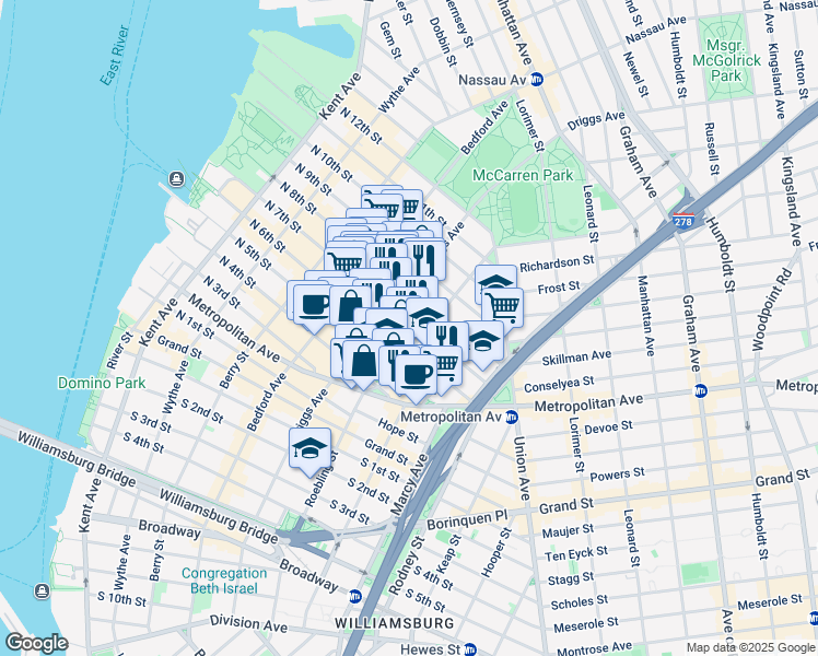 map of restaurants, bars, coffee shops, grocery stores, and more near 88 Roebling Street in Brooklyn