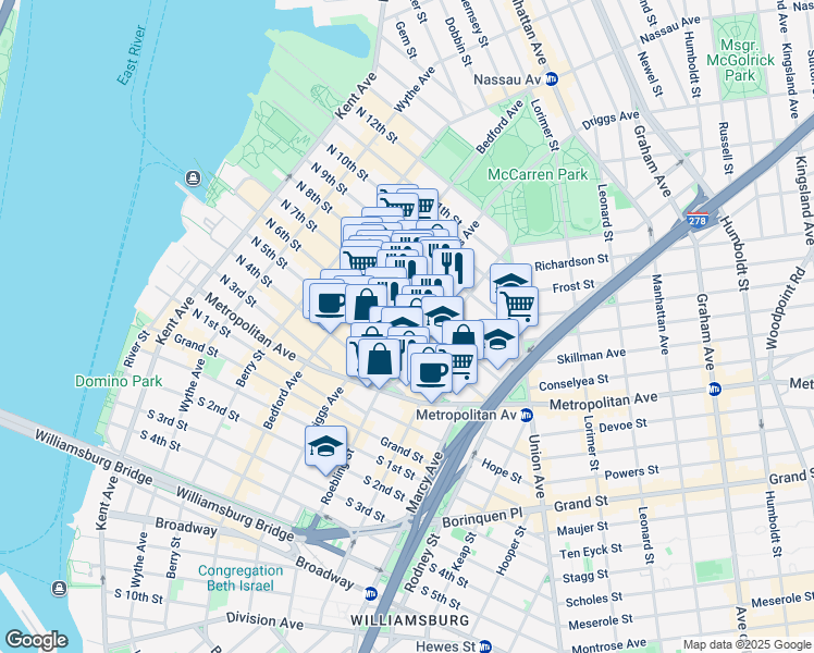 map of restaurants, bars, coffee shops, grocery stores, and more near 88 Roebling Street in Brooklyn