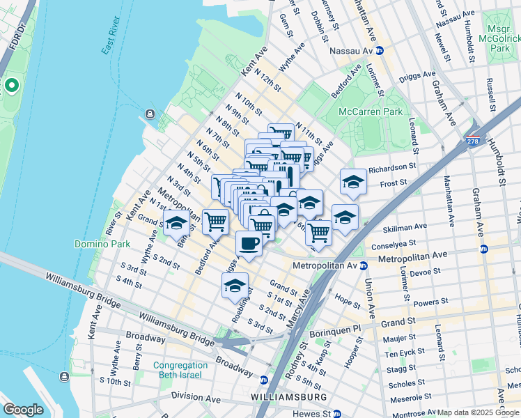 map of restaurants, bars, coffee shops, grocery stores, and more near 597 Driggs Avenue in Brooklyn