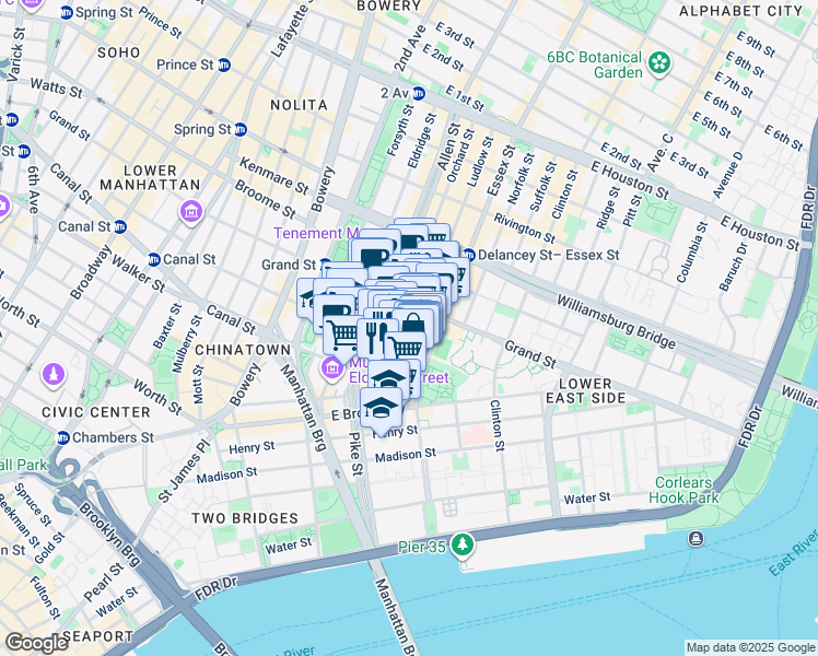 map of restaurants, bars, coffee shops, grocery stores, and more near 25 Essex Street in New York