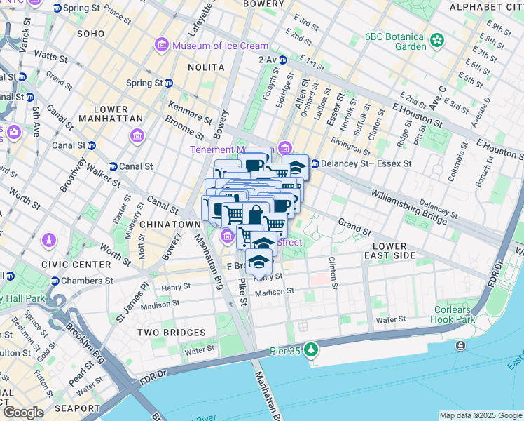 map of restaurants, bars, coffee shops, grocery stores, and more near 50-52 Eldridge Street in New York