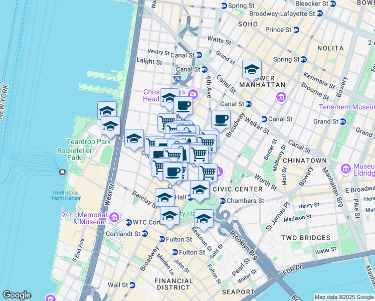 map of restaurants, bars, coffee shops, grocery stores, and more near 30 Thomas Street in New York
