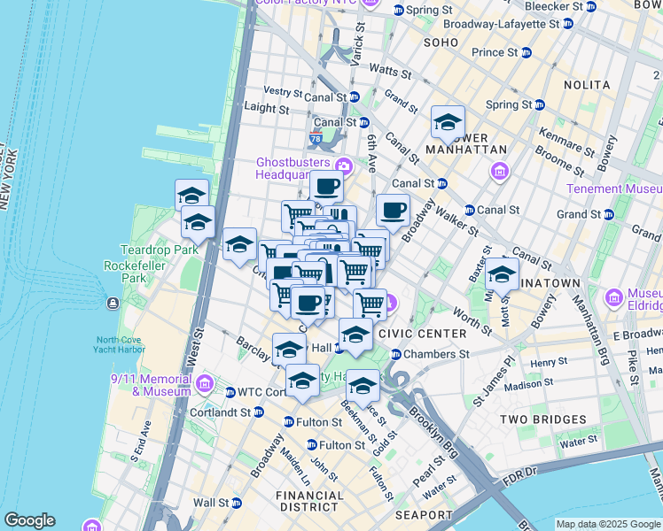 map of restaurants, bars, coffee shops, grocery stores, and more near 30 Thomas Street in New York
