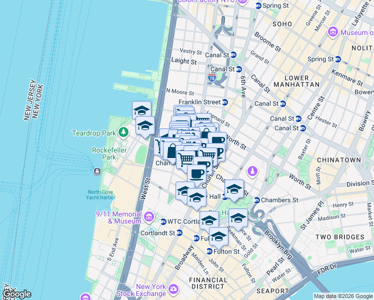 map of restaurants, bars, coffee shops, grocery stores, and more near 155 Chambers Street in New York