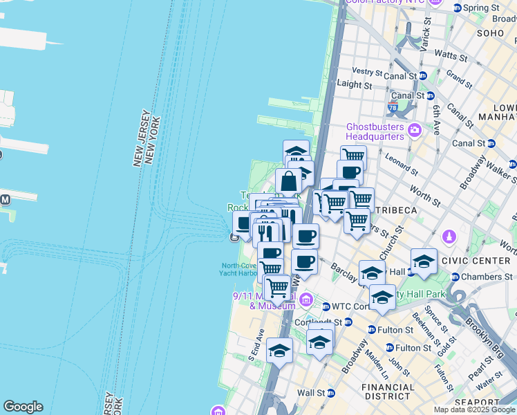 map of restaurants, bars, coffee shops, grocery stores, and more near 707 Murray Street in New York