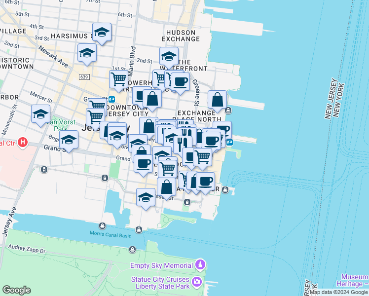 map of restaurants, bars, coffee shops, grocery stores, and more near in Jersey City