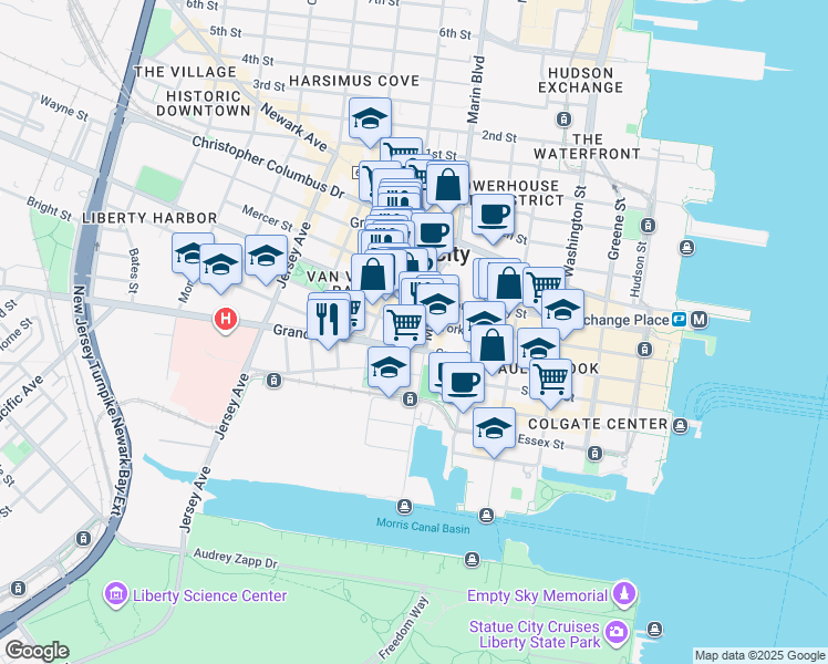 map of restaurants, bars, coffee shops, grocery stores, and more near in Jersey City