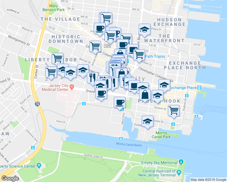 map of restaurants, bars, coffee shops, grocery stores, and more near 237 Grand Street in Jersey City