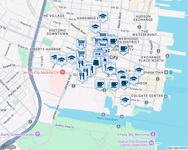 map of restaurants, bars, coffee shops, grocery stores, and more near 237 Grand Street in Jersey City