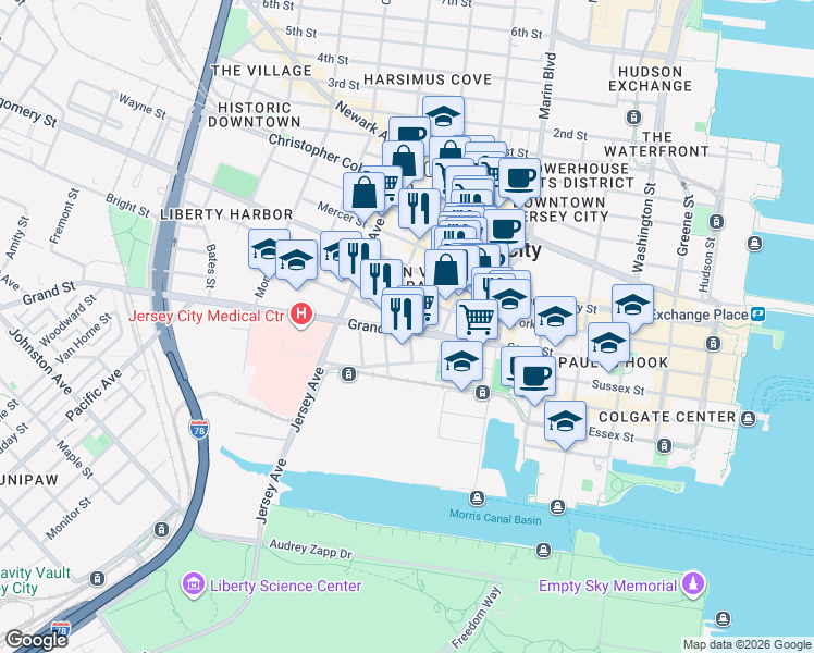 map of restaurants, bars, coffee shops, grocery stores, and more near 120 Tidewater Street in Jersey City