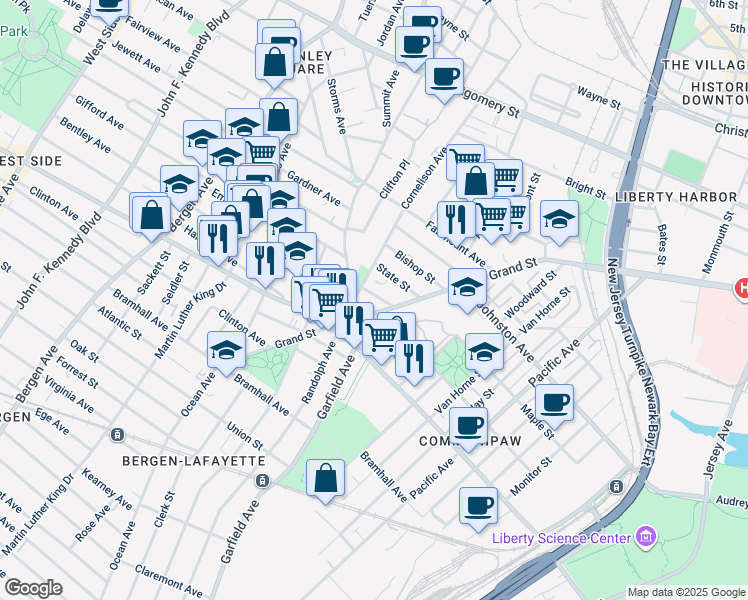 map of restaurants, bars, coffee shops, grocery stores, and more near 704 Grand Street in Jersey City