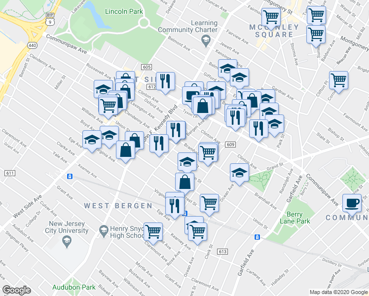 map of restaurants, bars, coffee shops, grocery stores, and more near 104 Atlantic Street in Jersey City
