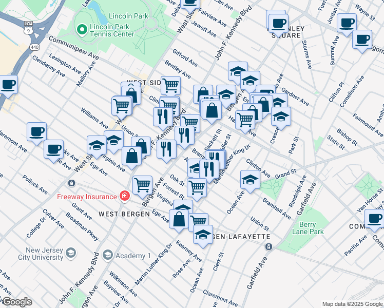 map of restaurants, bars, coffee shops, grocery stores, and more near 104 Atlantic Street in Jersey City