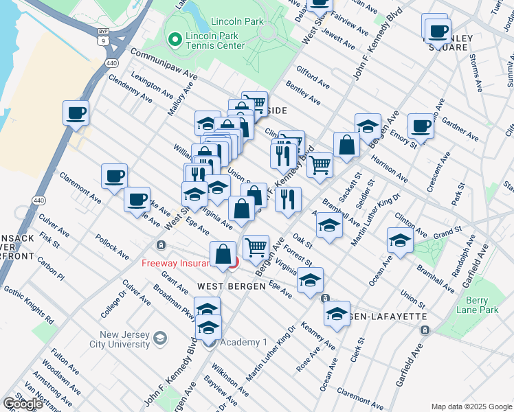 map of restaurants, bars, coffee shops, grocery stores, and more near 2255 John F. Kennedy Boulevard in Jersey City