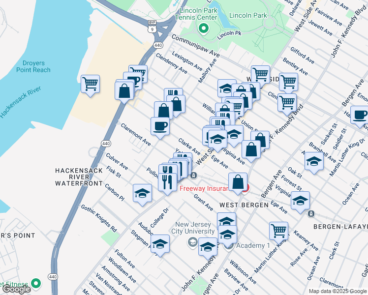 map of restaurants, bars, coffee shops, grocery stores, and more near 24 Yale Avenue in Jersey City