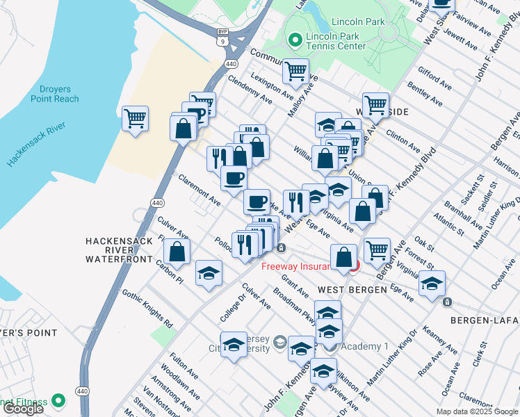 map of restaurants, bars, coffee shops, grocery stores, and more near 51 Yale Avenue in Jersey City