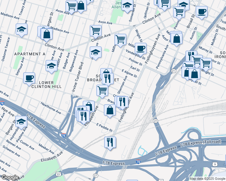 map of restaurants, bars, coffee shops, grocery stores, and more near 25 Clifton Street in Newark