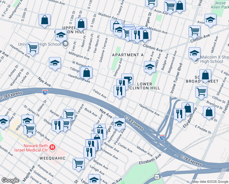 map of restaurants, bars, coffee shops, grocery stores, and more near in Newark