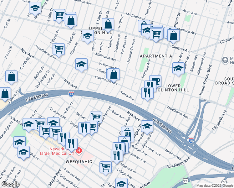 map of restaurants, bars, coffee shops, grocery stores, and more near in Newark