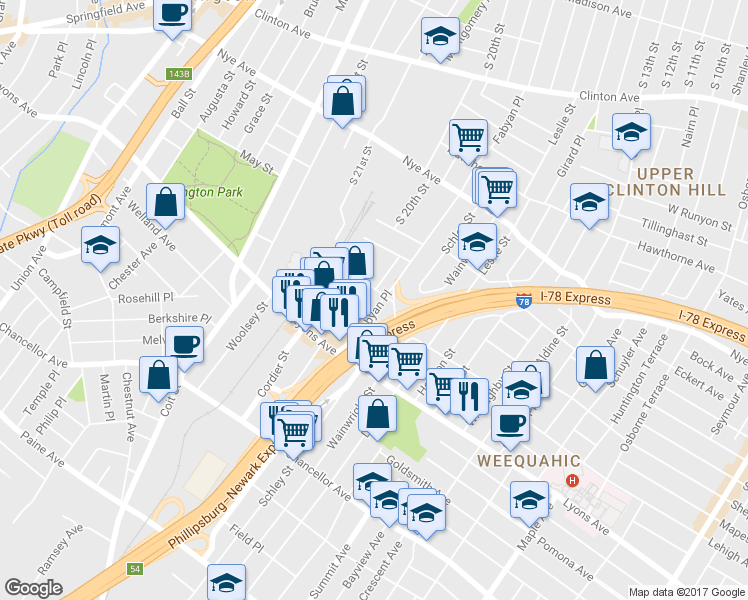 map of restaurants, bars, coffee shops, grocery stores, and more near 242 Fabyan Place in Newark