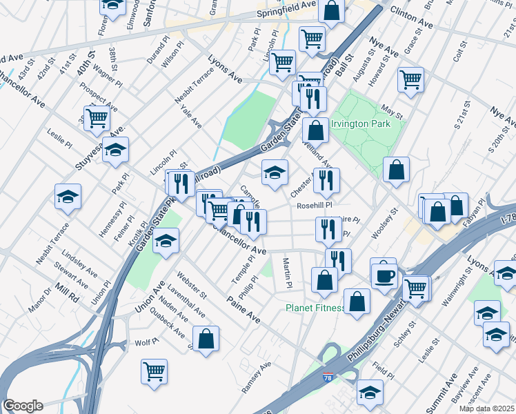 map of restaurants, bars, coffee shops, grocery stores, and more near in Irvington