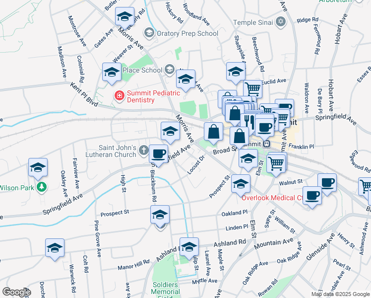 map of restaurants, bars, coffee shops, grocery stores, and more near 34 George Street in Summit