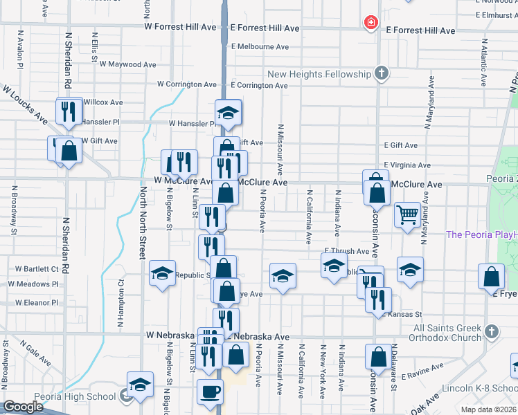 map of restaurants, bars, coffee shops, grocery stores, and more near 206 East Archer Avenue in Peoria