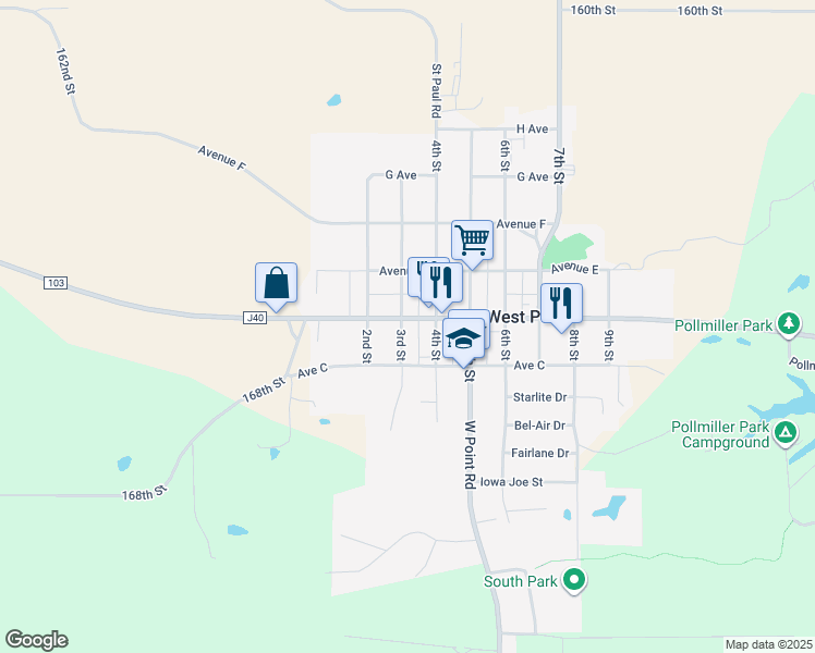 map of restaurants, bars, coffee shops, grocery stores, and more near 215 3rd St in West Point