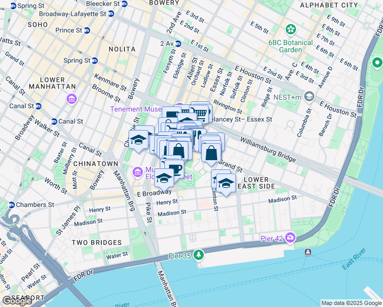 map of restaurants, bars, coffee shops, grocery stores, and more near 359 Grand Street in New York