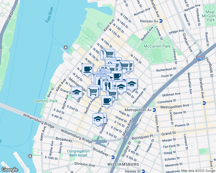map of restaurants, bars, coffee shops, grocery stores, and more near 150 North 5th Street in Brooklyn