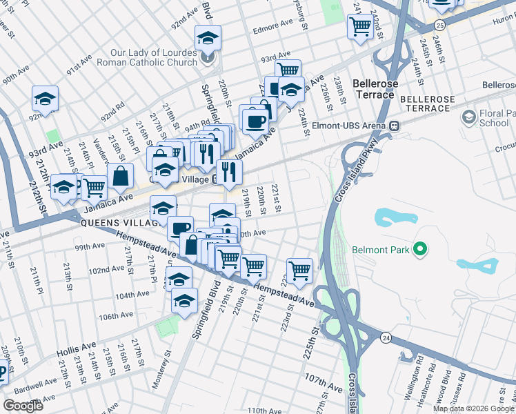 map of restaurants, bars, coffee shops, grocery stores, and more near 218-95 99th Avenue in Queens