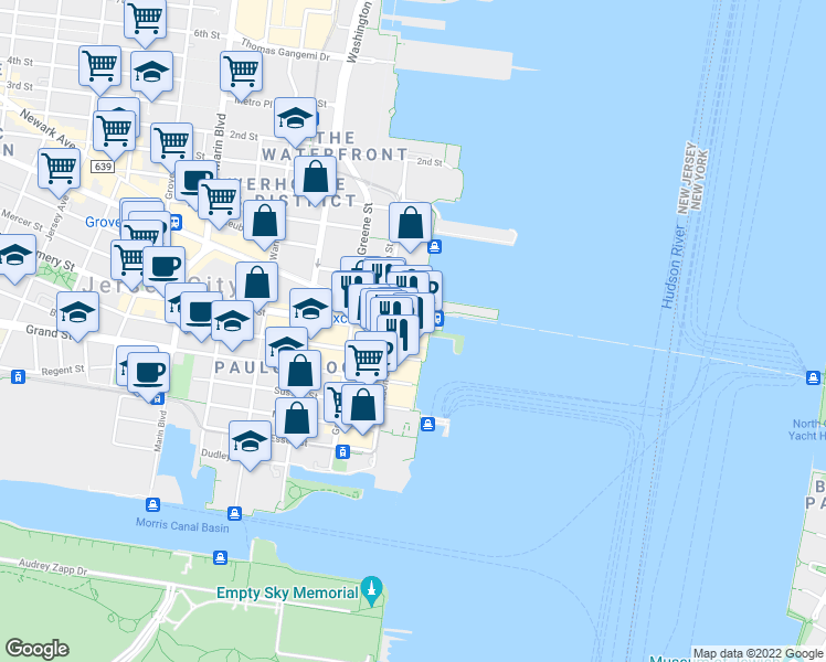map of restaurants, bars, coffee shops, grocery stores, and more near 10 Exchange Place in Jersey City