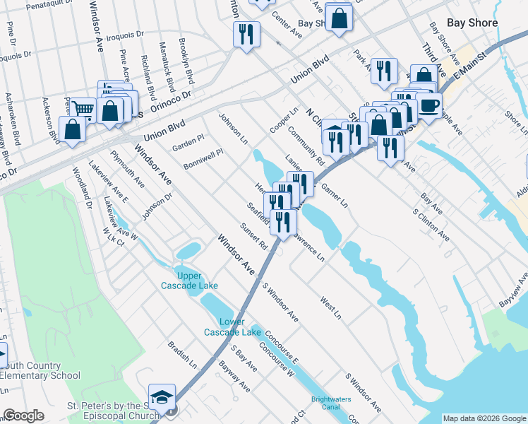 map of restaurants, bars, coffee shops, grocery stores, and more near 16 Seafield Lane in Bay Shore