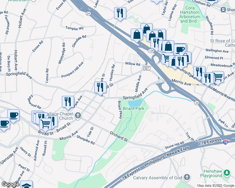 map of restaurants, bars, coffee shops, grocery stores, and more near 91 Springfield Avenue in Summit