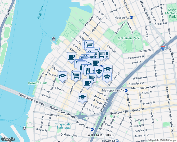 map of restaurants, bars, coffee shops, grocery stores, and more near 147 North 4th Street in Brooklyn